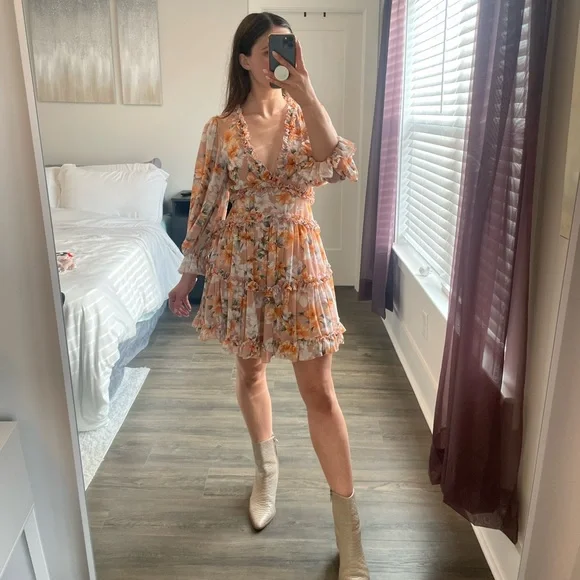 selfie leslie orange dress 5 O'Clock Somewhere Shirred Bust Mini Dress Floral Orange
